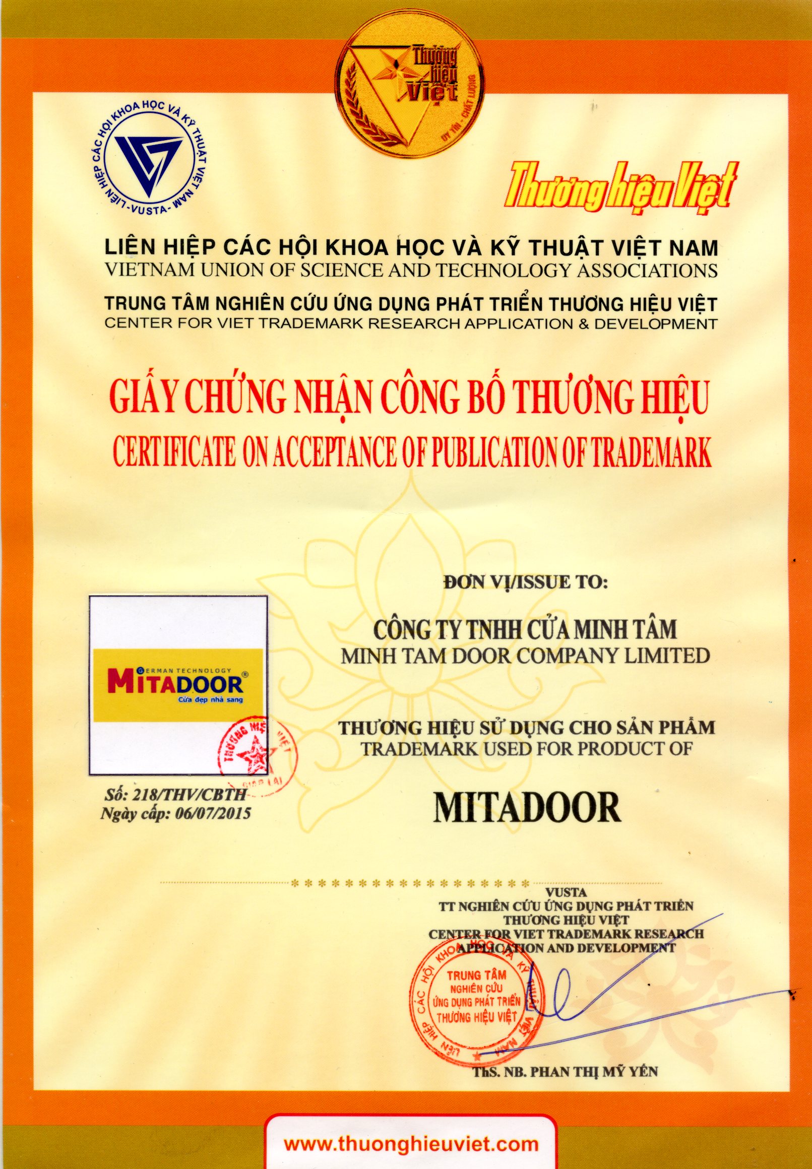 Mitadoor chung nhan cong bo thuong hieu